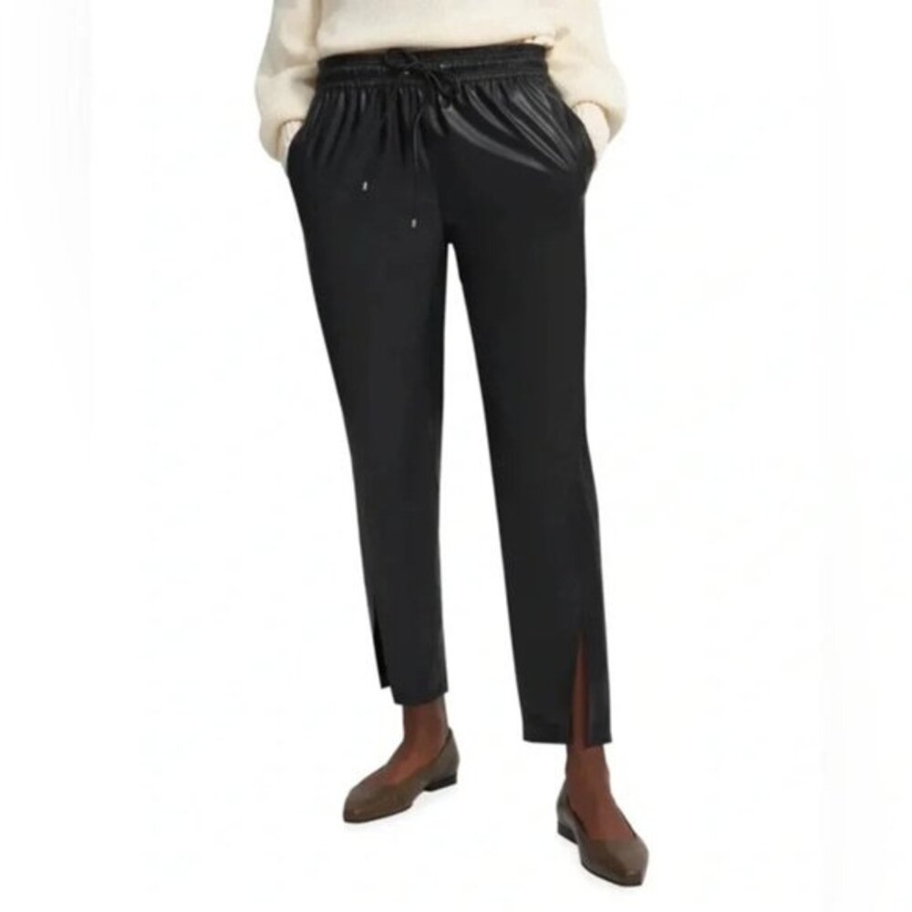Theory Split hem Ankle faux Leather Pant Black Slit Pull On Straight Leg size 00